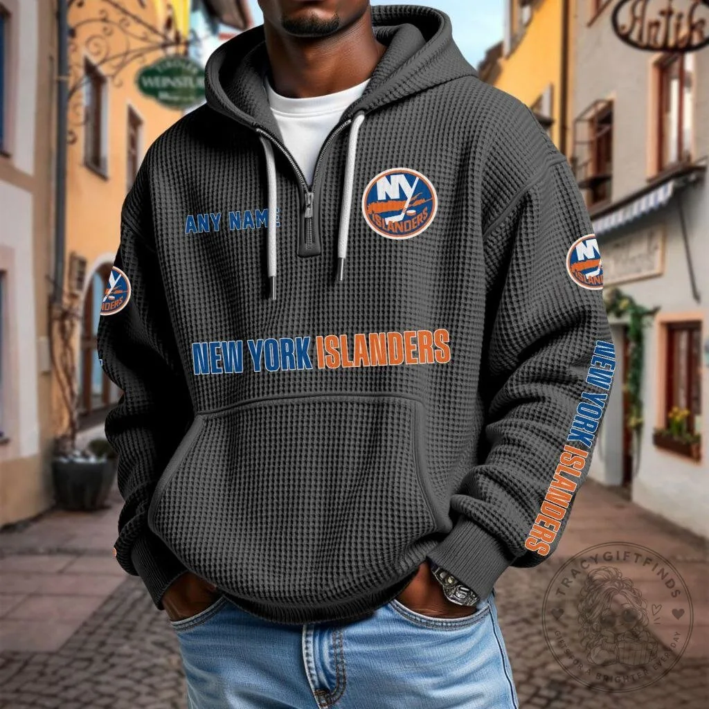 New York Islanders Personalized Name Waffle Knit Quarter Zip Hoodie 2 New York Islanders Personalized Name Waffle Knit Quarter Zip Hoodie