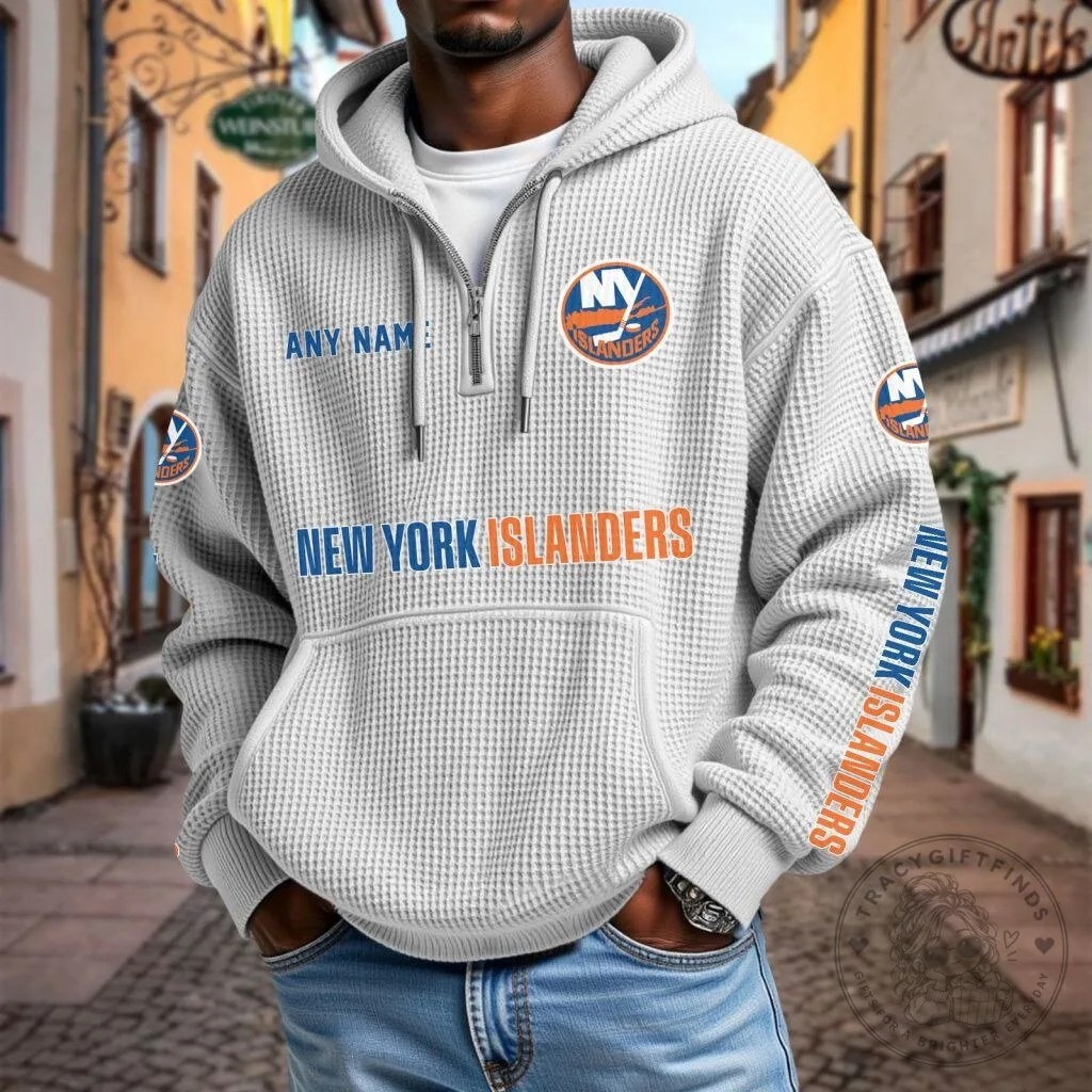 New York Islanders Personalized Name Waffle Knit Quarter Zip Hoodie 15 New York Islanders Personalized Name Waffle Knit Quarter Zip Hoodie