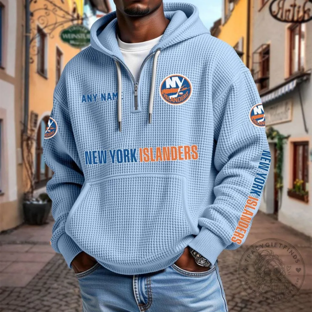 New York Islanders Personalized Name Waffle Knit Quarter Zip Hoodie 19 New York Islanders Personalized Name Waffle Knit Quarter Zip Hoodie