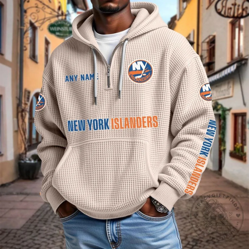 New York Islanders Personalized Name Waffle Knit Quarter Zip Hoodie 20 New York Islanders Personalized Name Waffle Knit Quarter Zip Hoodie