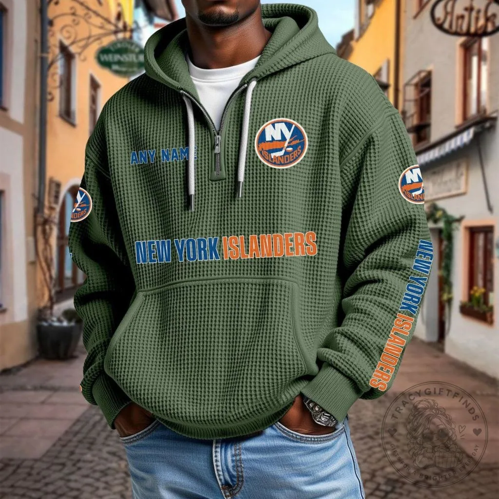 New York Islanders Personalized Name Waffle Knit Quarter Zip Hoodie 21 New York Islanders Personalized Name Waffle Knit Quarter Zip Hoodie