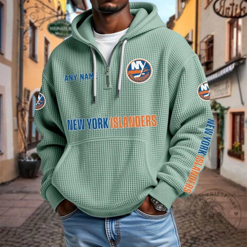 New York Islanders Personalized Name Waffle Knit Quarter Zip Hoodie 22 New York Islanders Personalized Name Waffle Knit Quarter Zip Hoodie