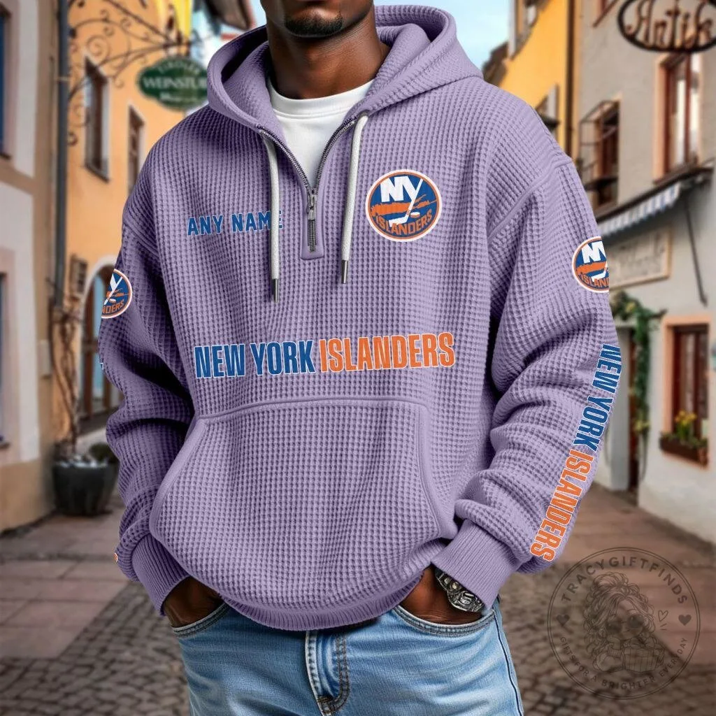 New York Islanders Personalized Name Waffle Knit Quarter Zip Hoodie 23 New York Islanders Personalized Name Waffle Knit Quarter Zip Hoodie