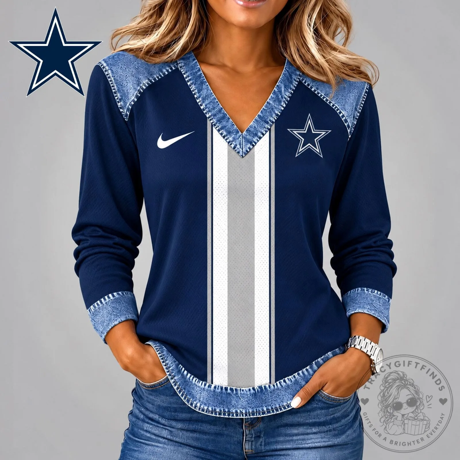 Dallas Cowboys NFL Football Team Vintage Long Sleeve V-Neck Shirt