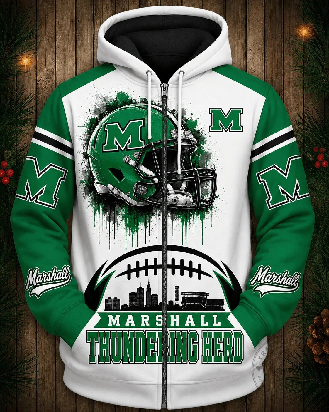 Marshall Football Thundering Herd Green and White Full Zip Hoodie