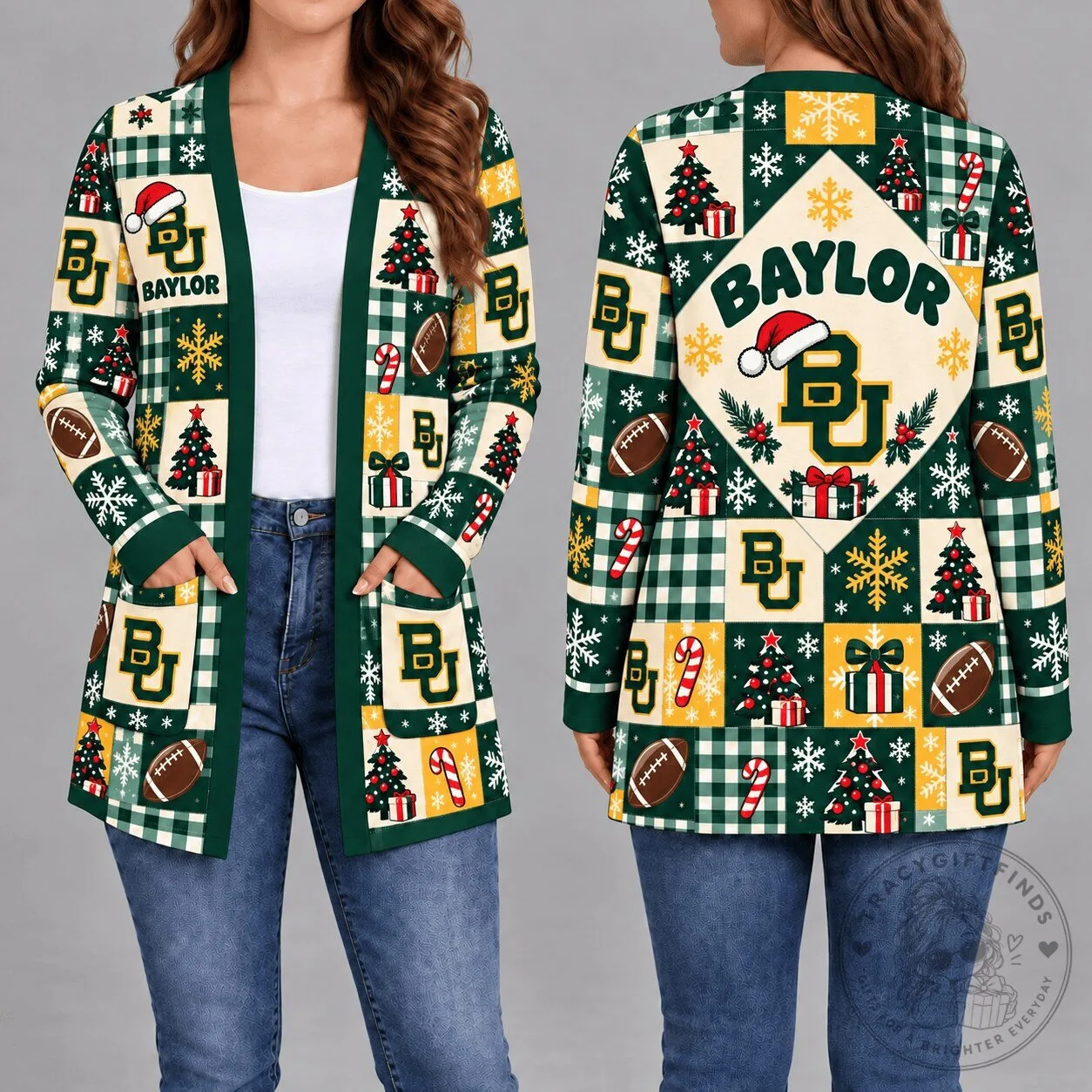 Baylor Bears Christmas Holiday Pattern Women's Long Sleeve Cardigan