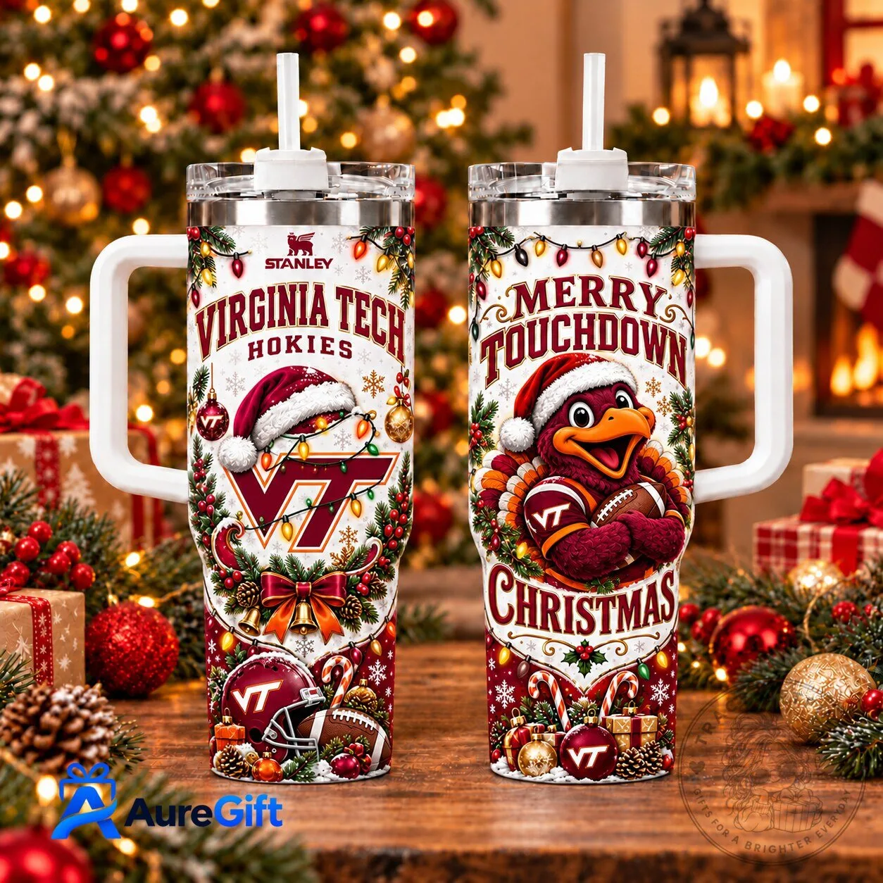 Virginia Tech Hokies Merry Christmas Football Holiday 40oz Tumbler with Handle