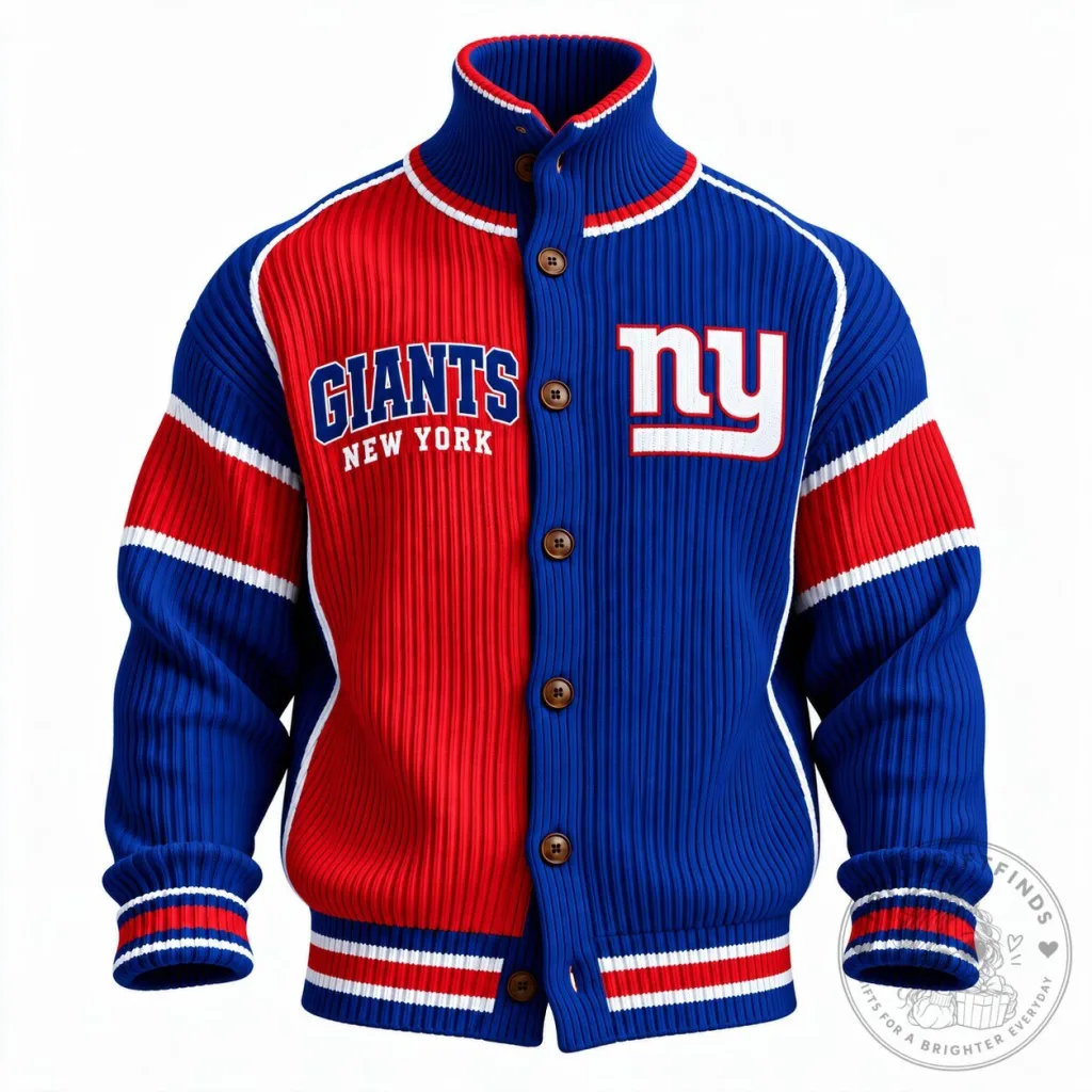 New York Giants Split Color Block Button-Up Knit Jacket New York Giants Split Color Block Button-Up Knit Jacket