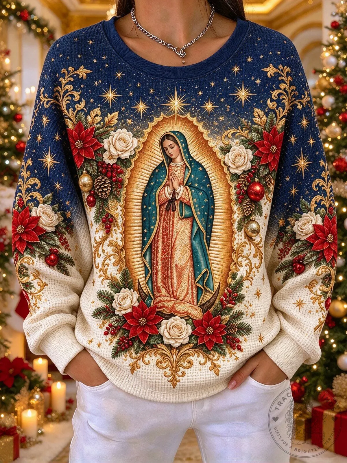 Christmas Crewneck Sweatshirt featuring Our Lady of Guadalupe and Virgin Mary Design