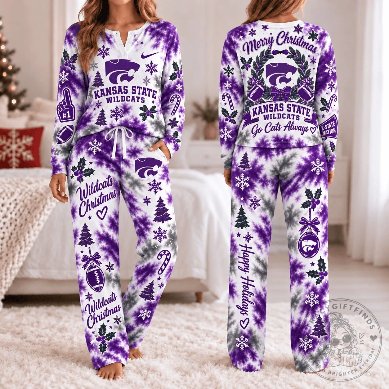 Kansas State Wildcats Christmas Tie-Dye Long Sleeve Pajamas Set 3 Kansas State Wildcats Christmas Tie-Dye Long Sleeve Pajamas Set