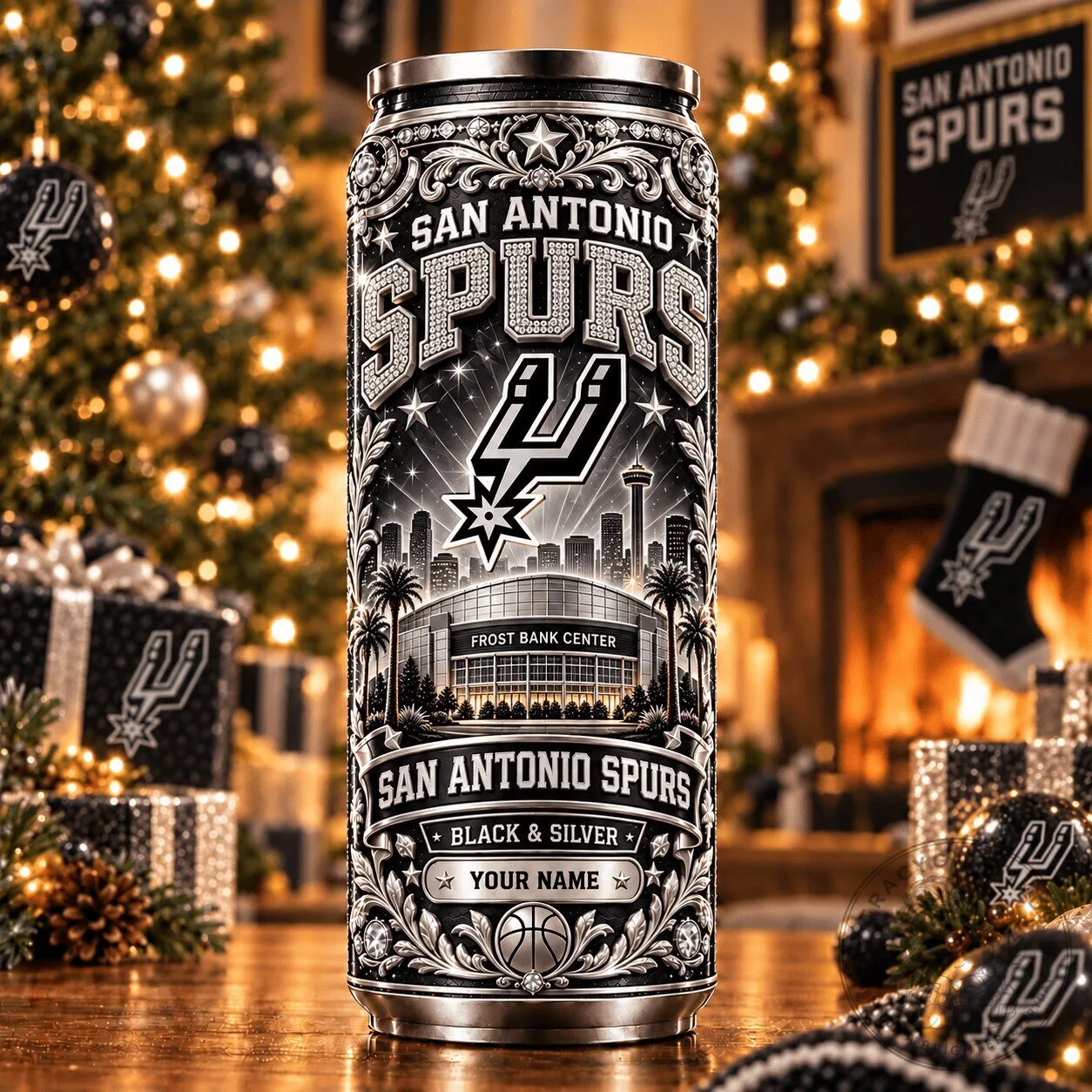 San Antonio Spurs Black and Silver Frost Bank Center NBA Can Tumbler