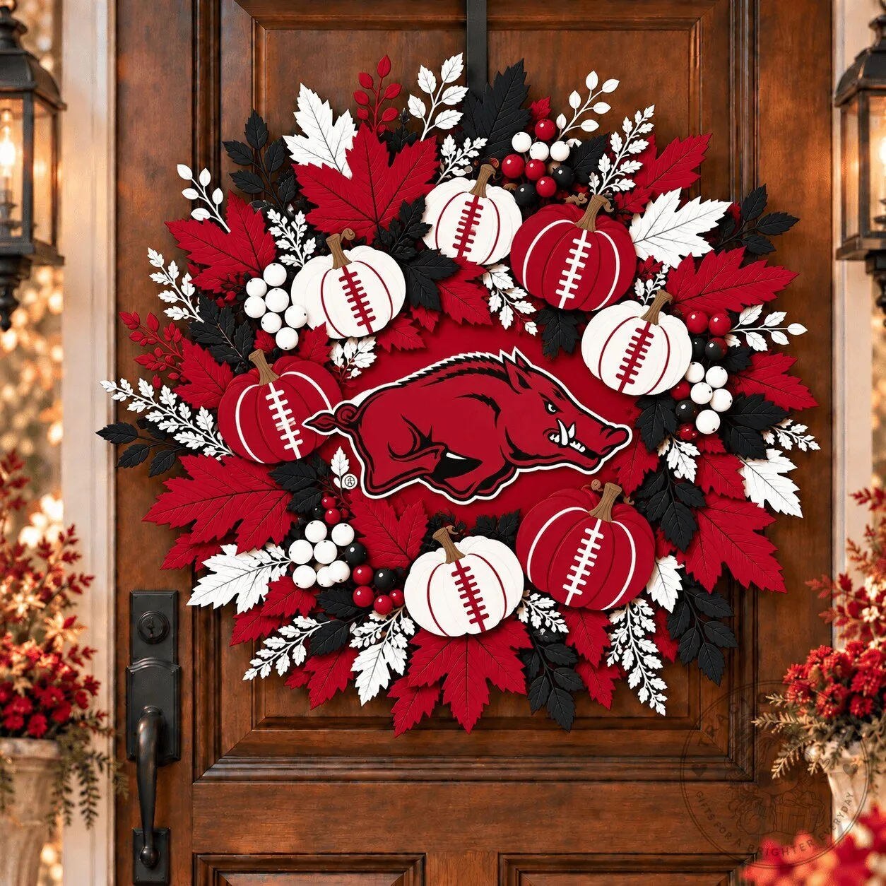 Arkansas Football Razorbacks Pumpkin and Maple Leaf Fall Wreath