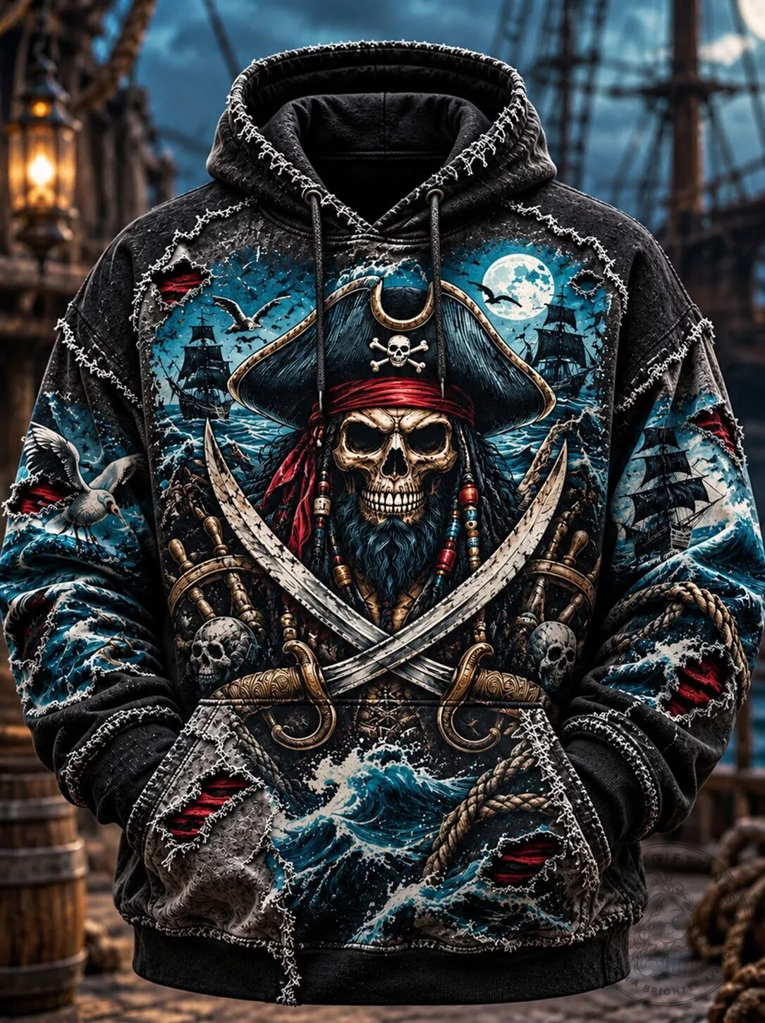 Pirate Skull and Crossed Swords Full Moon Ocean Graphic Hoodie