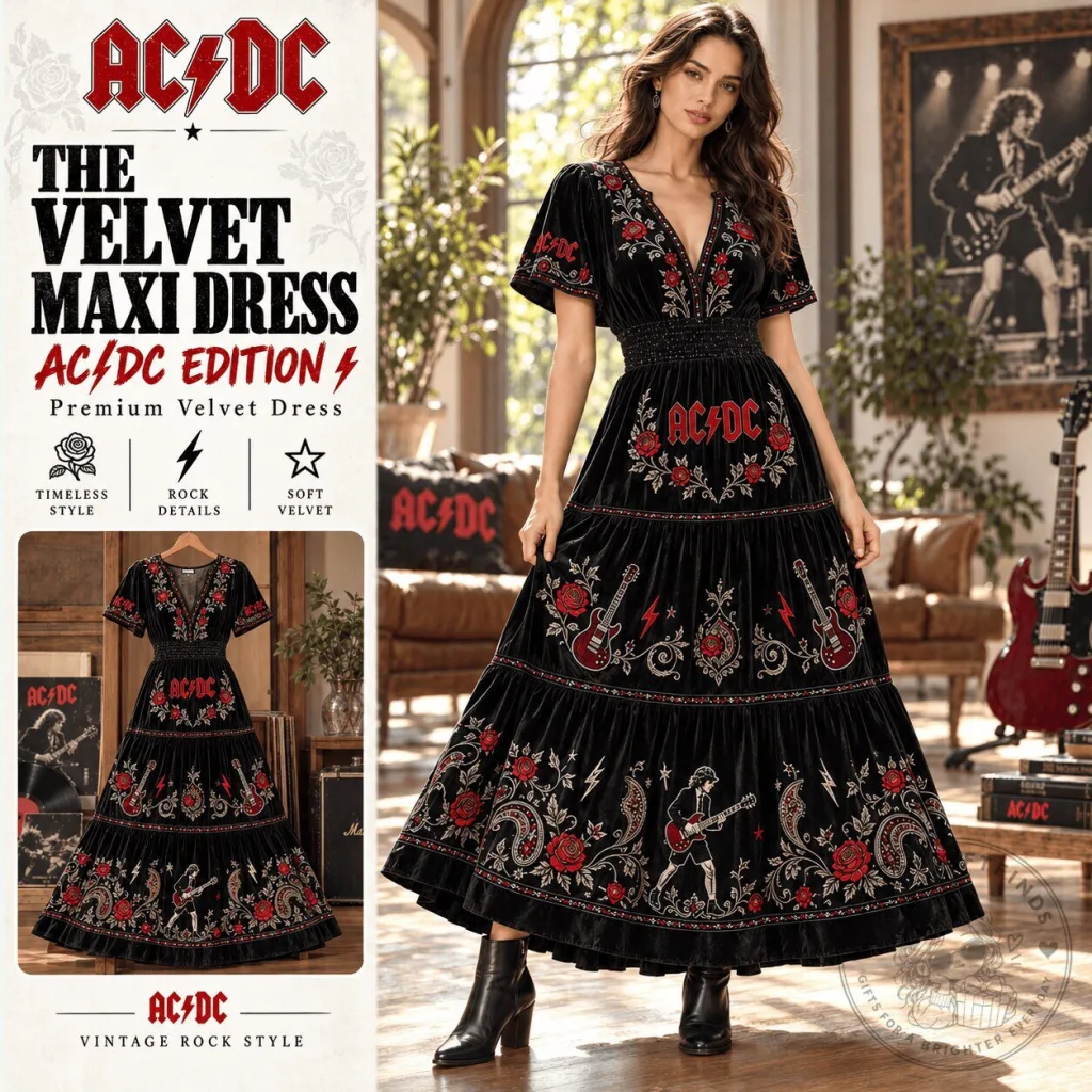 ACDC Rock and Roll Band Embroidered Velvet Maxi Dress AC/DC Rock and Roll Band Embroidered Velvet Maxi Dress