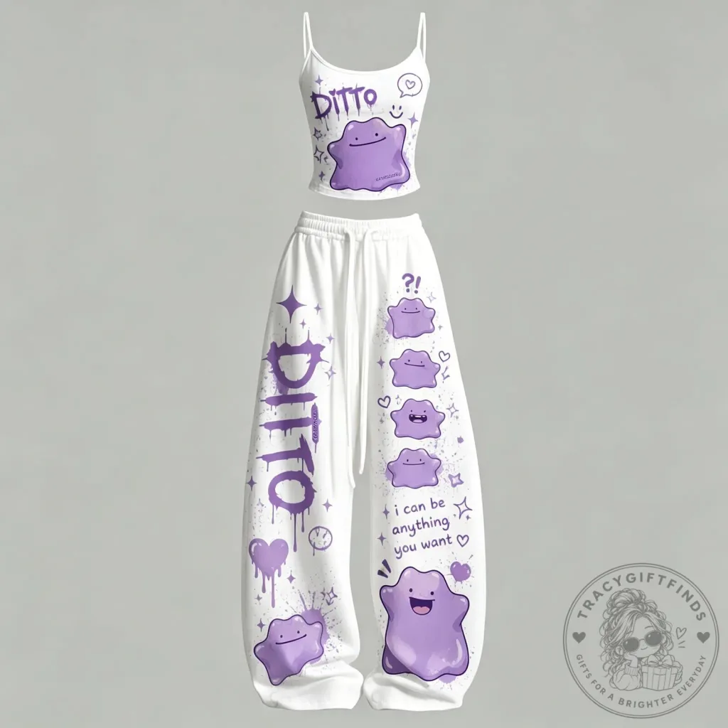 Pokemon Ditto Character Graphic Print Women's Pajamas Two-Piece Set Pokemon Ditto Character Graphic Print Women's Pajamas Two-Piece Set