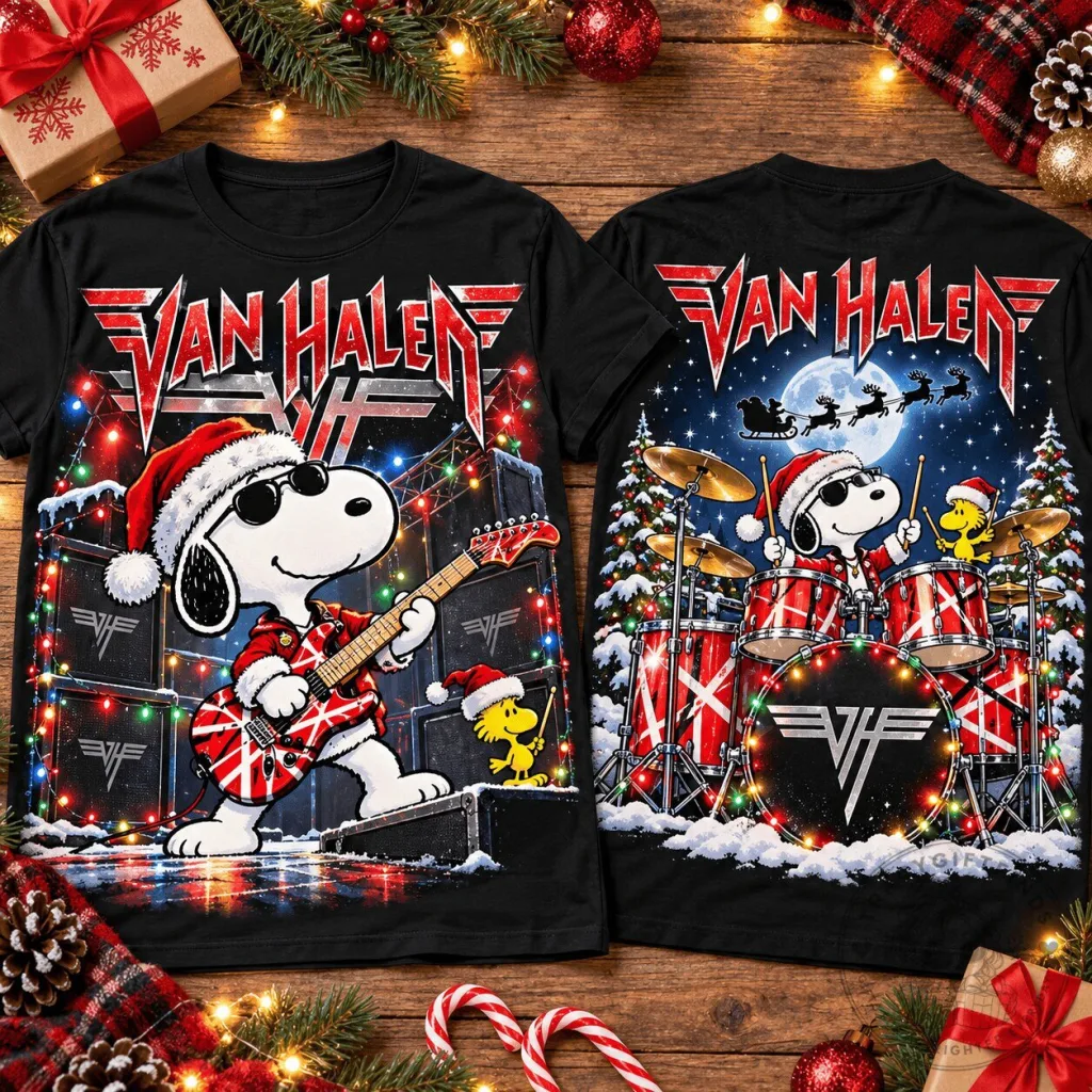 Van Halen Snoopy Guitar and Drum Kit Christmas Holiday Black T-Shirt Van Halen Snoopy Guitar and Drum Kit Christmas Holiday Black T-Shirt