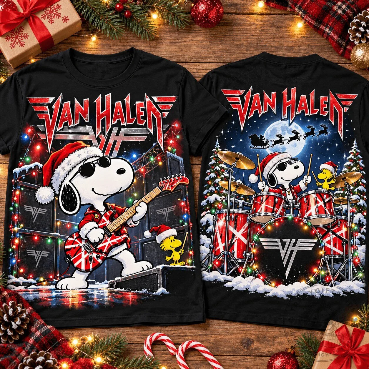 Van Halen Snoopy Guitar and Drum Kit Christmas Holiday Black T-Shirt 2 Van Halen Snoopy Guitar and Drum Kit Christmas Holiday Black T-Shirt