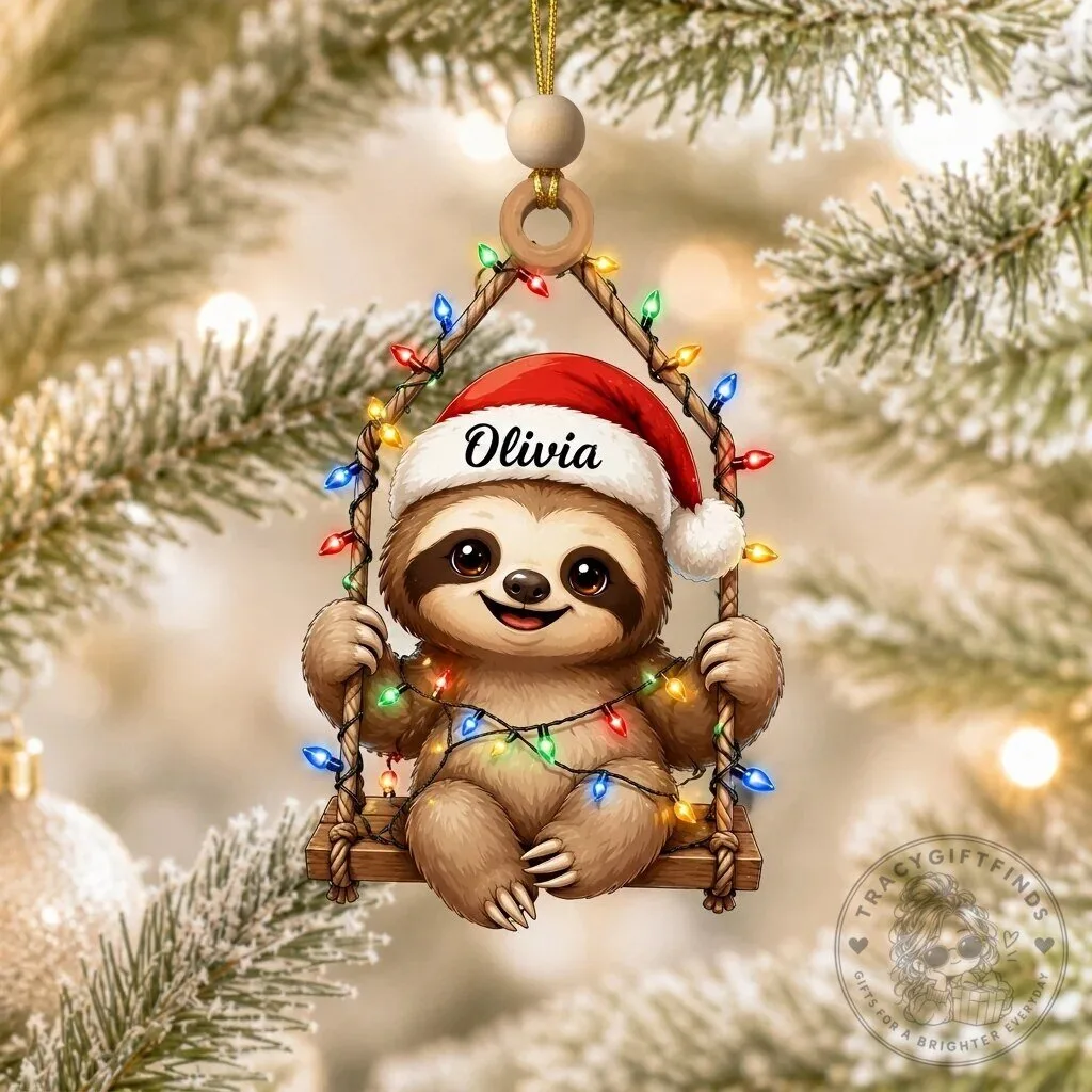 Personalized Cute Sloth Christmas Tree Ornament with Holiday Lights