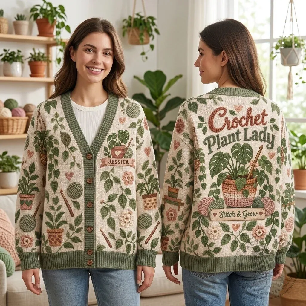 Personalized Crochet Plant Lady Cardigan for Women with Custom Name