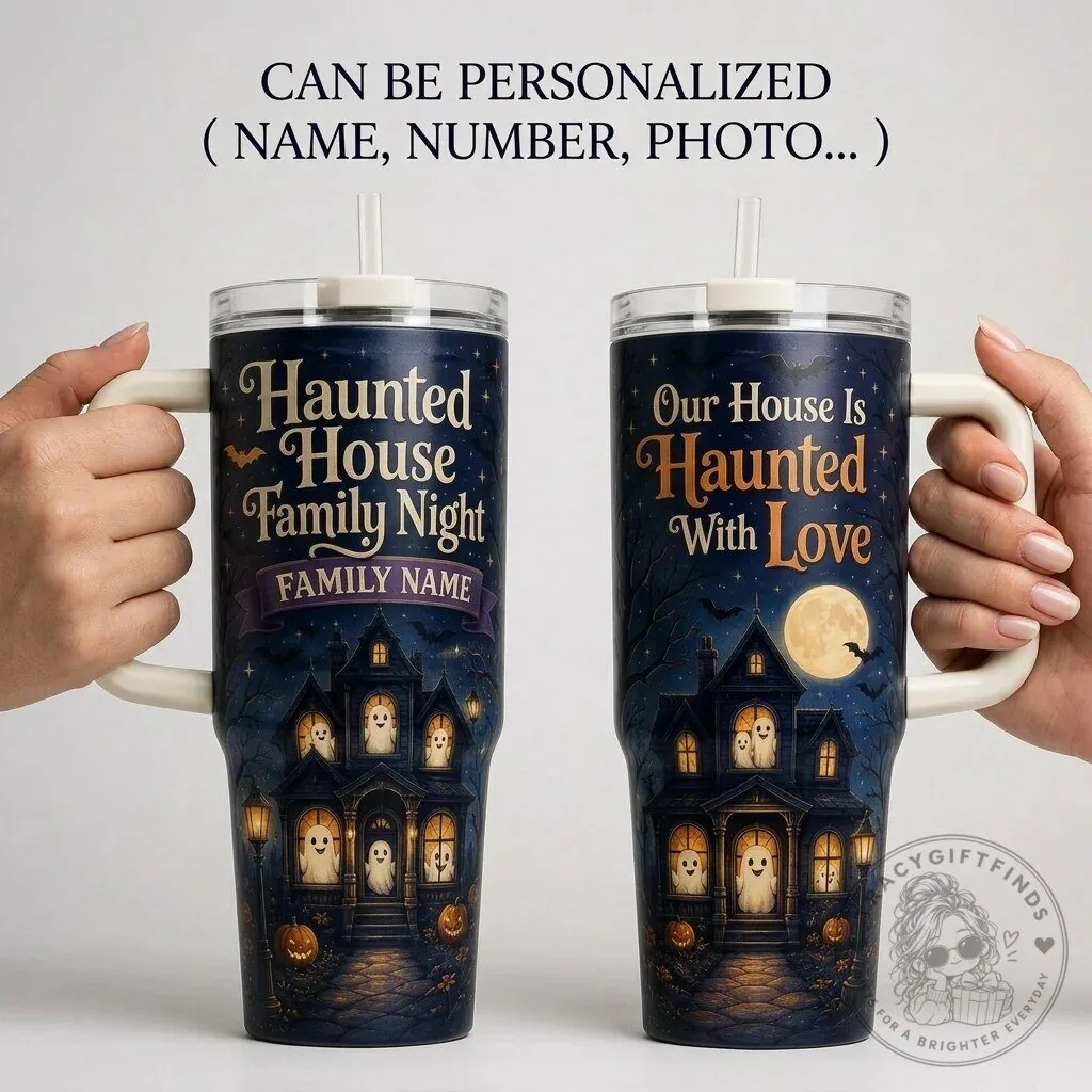 Personalized Haunted House Family Night Halloween 40oz Tumbler with Handle