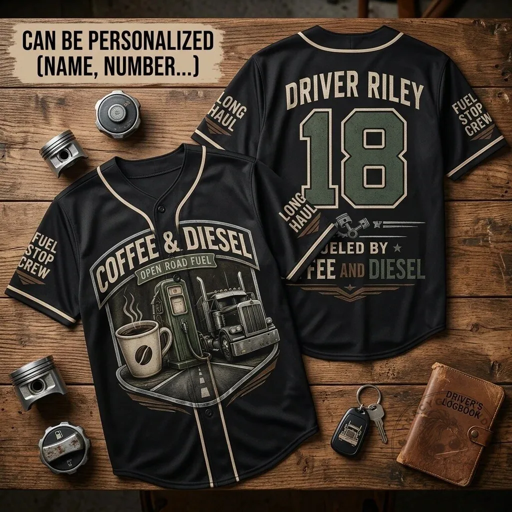 Coffee And Diesel Open Road Fuel Trucker Baseball Jersey