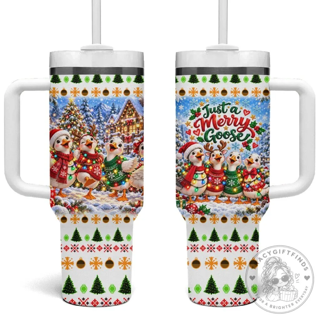 Just A Merry Goose Christmas Winter Village Fair Isle Pattern Tumbler With Handle