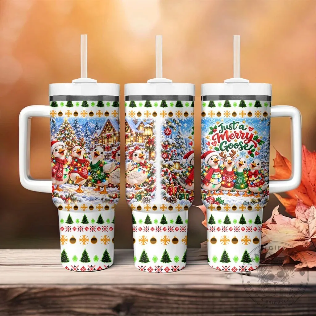 Just A Merry Goose Christmas Winter Village Fair Isle Pattern Tumbler With Handle 13 Just A Merry Goose Christmas Winter Village Fair Isle Pattern Tumbler With Handle