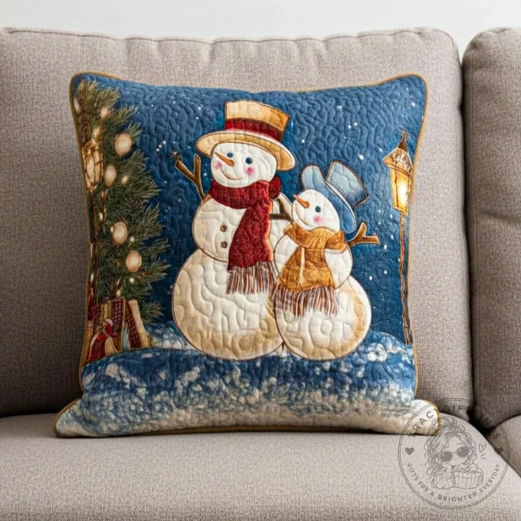 Snowman Family Christmas Tree Quilted Decorative Throw Pillow