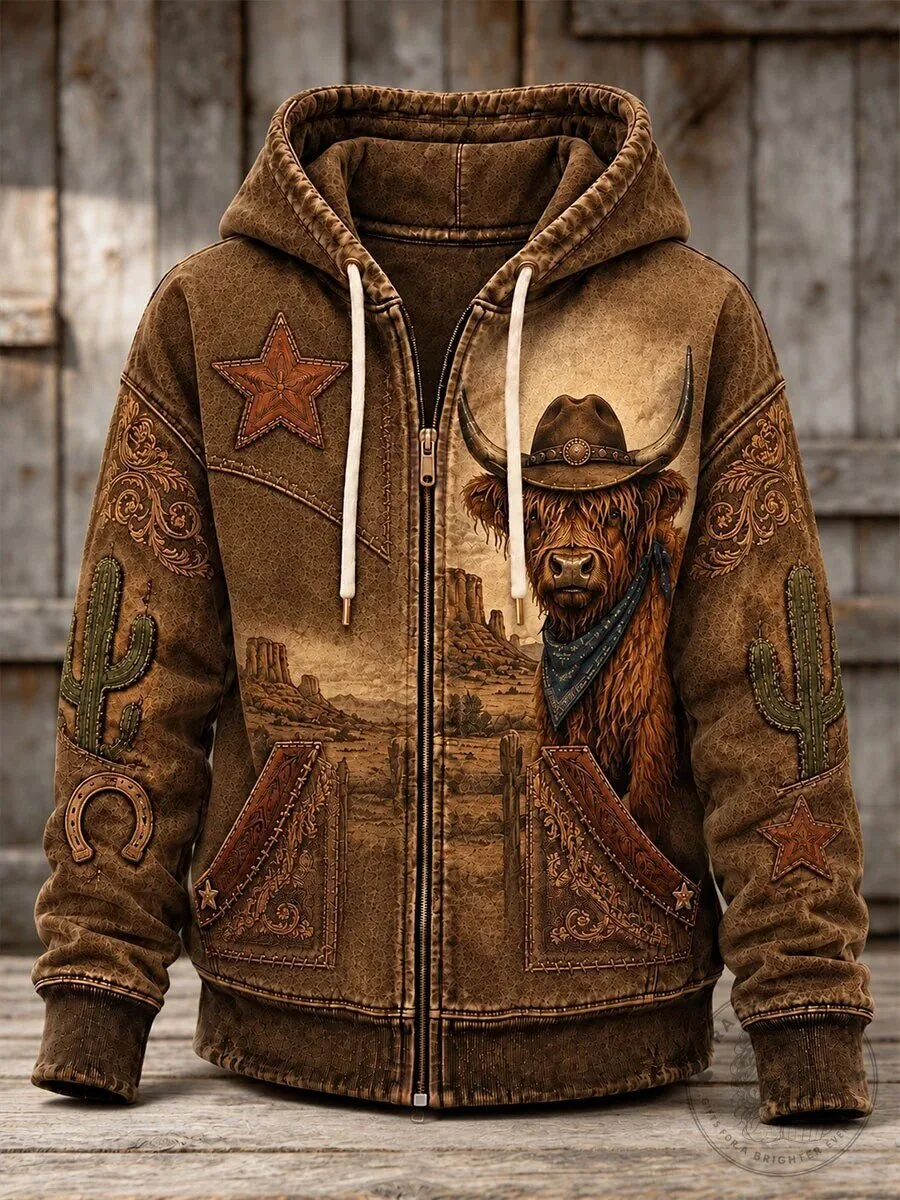 Western Highland Cattle Rancher Distressed Brown Zip-Up Hoodie 3 Western Highland Cattle Rancher Distressed Brown Zip-Up Hoodie