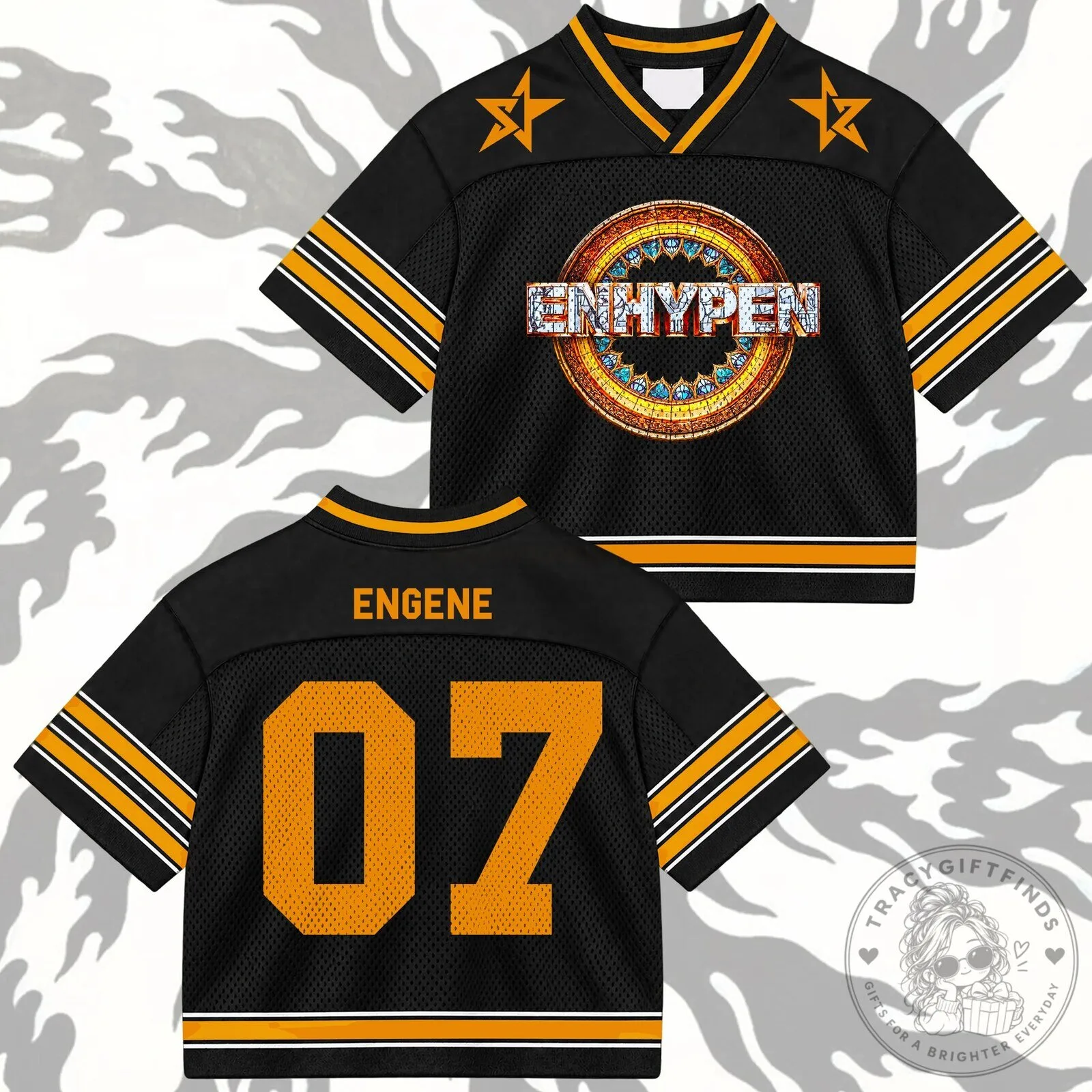 ENHYPEN Comeback Mixed Mesh Black and Gold Football Jersey for Engene Fans 10 ENHYPEN Comeback Mixed Mesh Black and Gold Football Jersey for Engene Fans