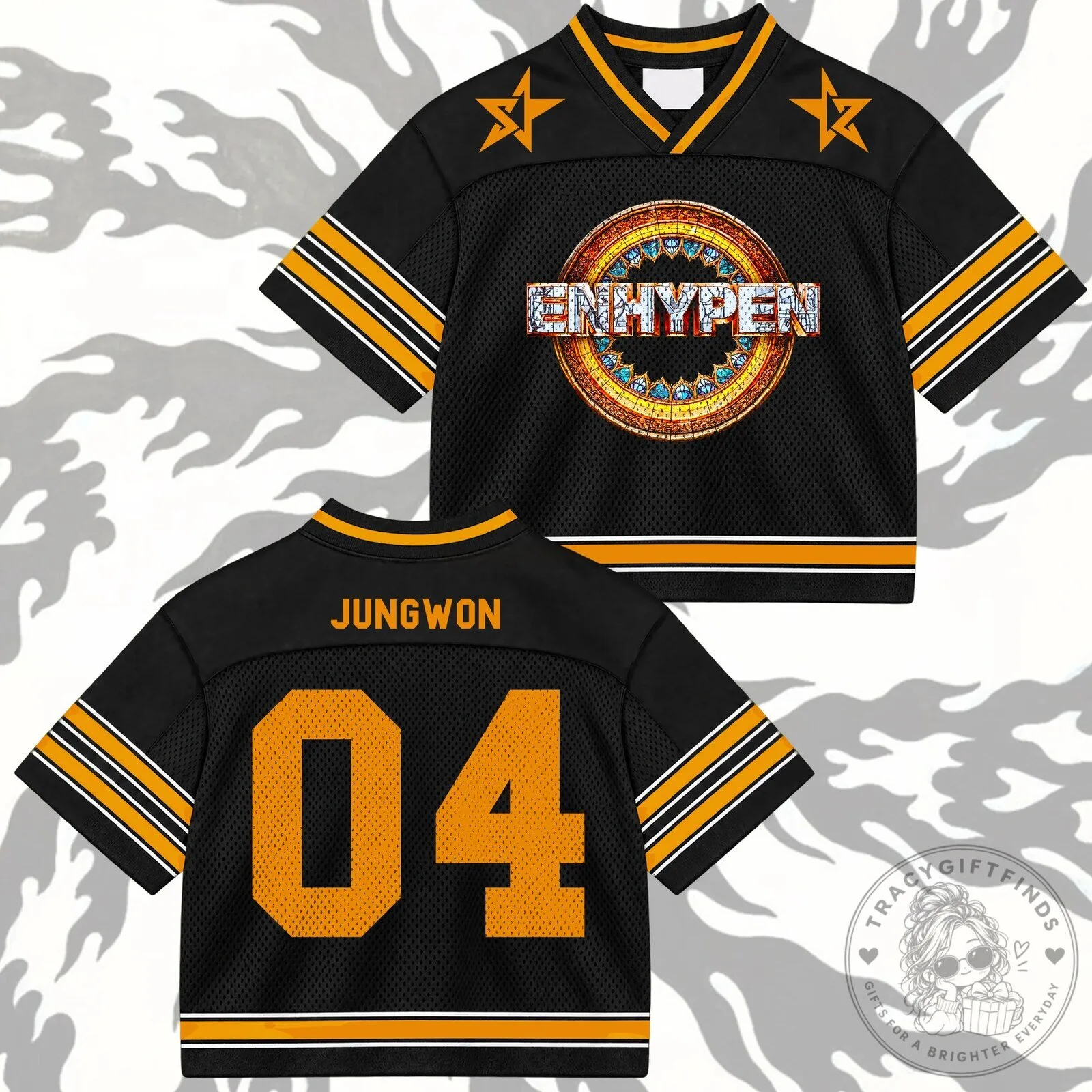 ENHYPEN Comeback Mixed Mesh Black and Gold Football Jersey for Engene Fans 11 ENHYPEN Comeback Mixed Mesh Black and Gold Football Jersey for Engene Fans