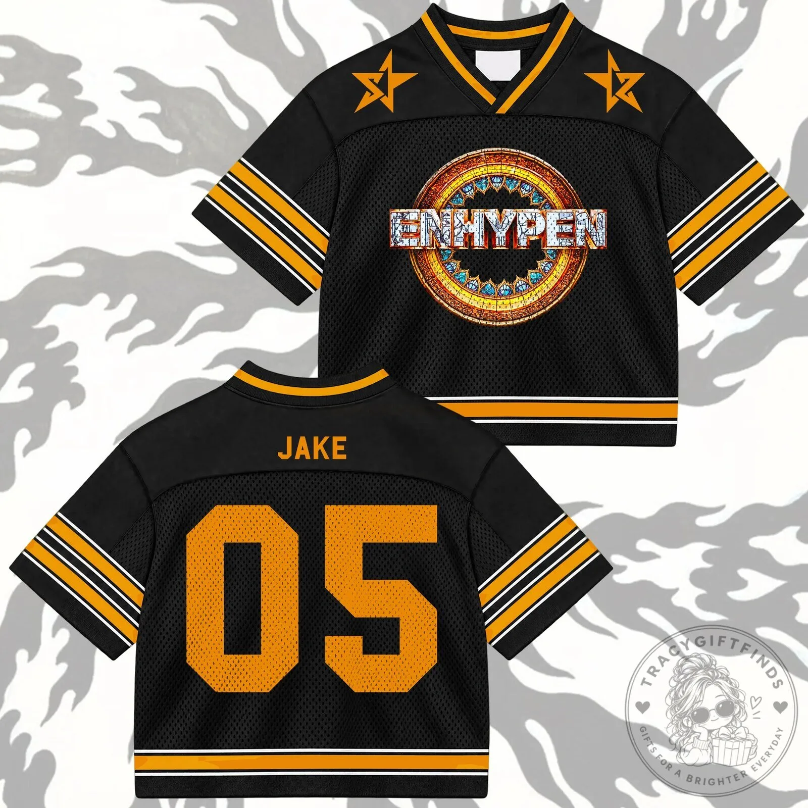 ENHYPEN Comeback Mixed Mesh Black and Gold Football Jersey for Engene Fans 12 ENHYPEN Comeback Mixed Mesh Black and Gold Football Jersey for Engene Fans