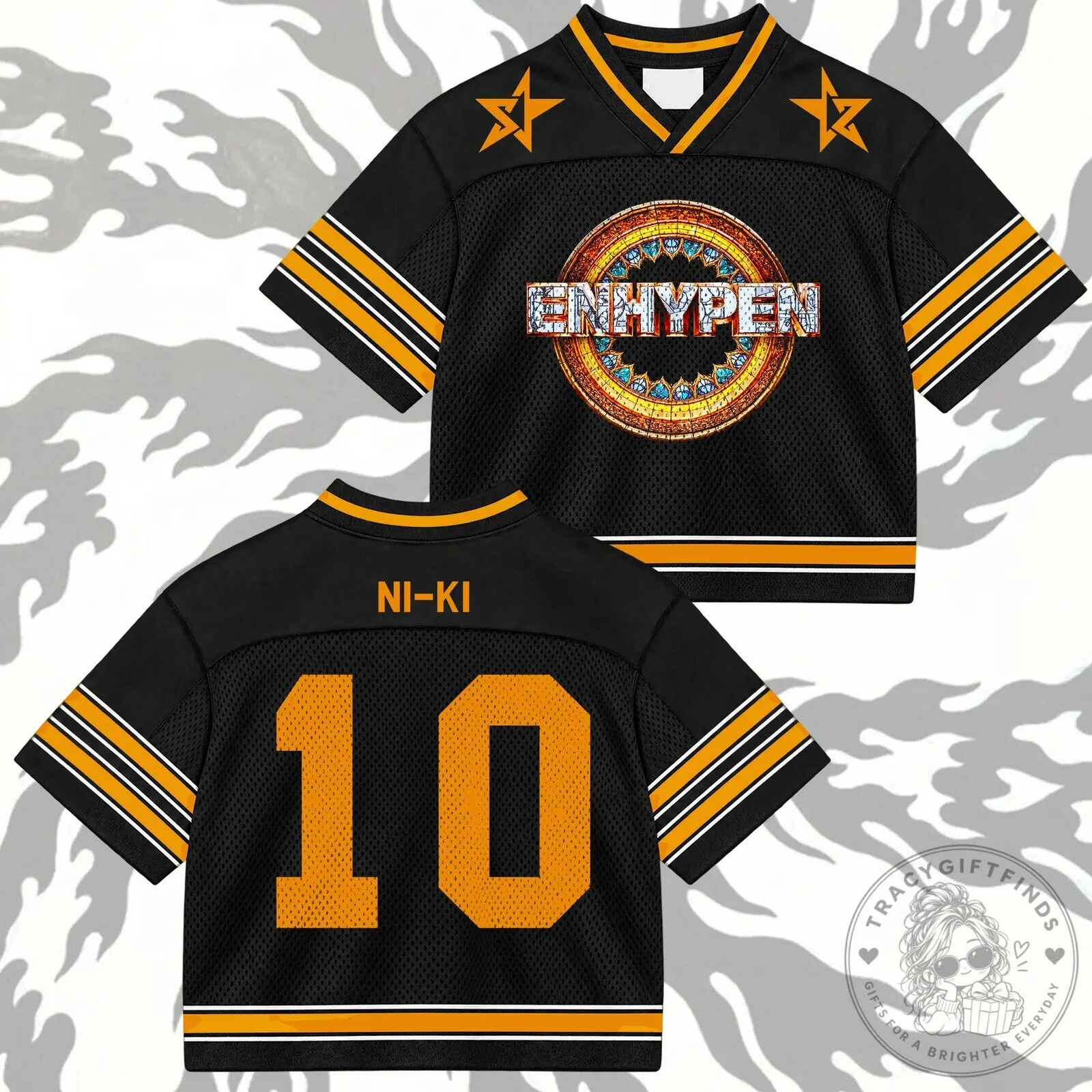 ENHYPEN Comeback Mixed Mesh Black and Gold Football Jersey for Engene Fans 14 ENHYPEN Comeback Mixed Mesh Black and Gold Football Jersey for Engene Fans