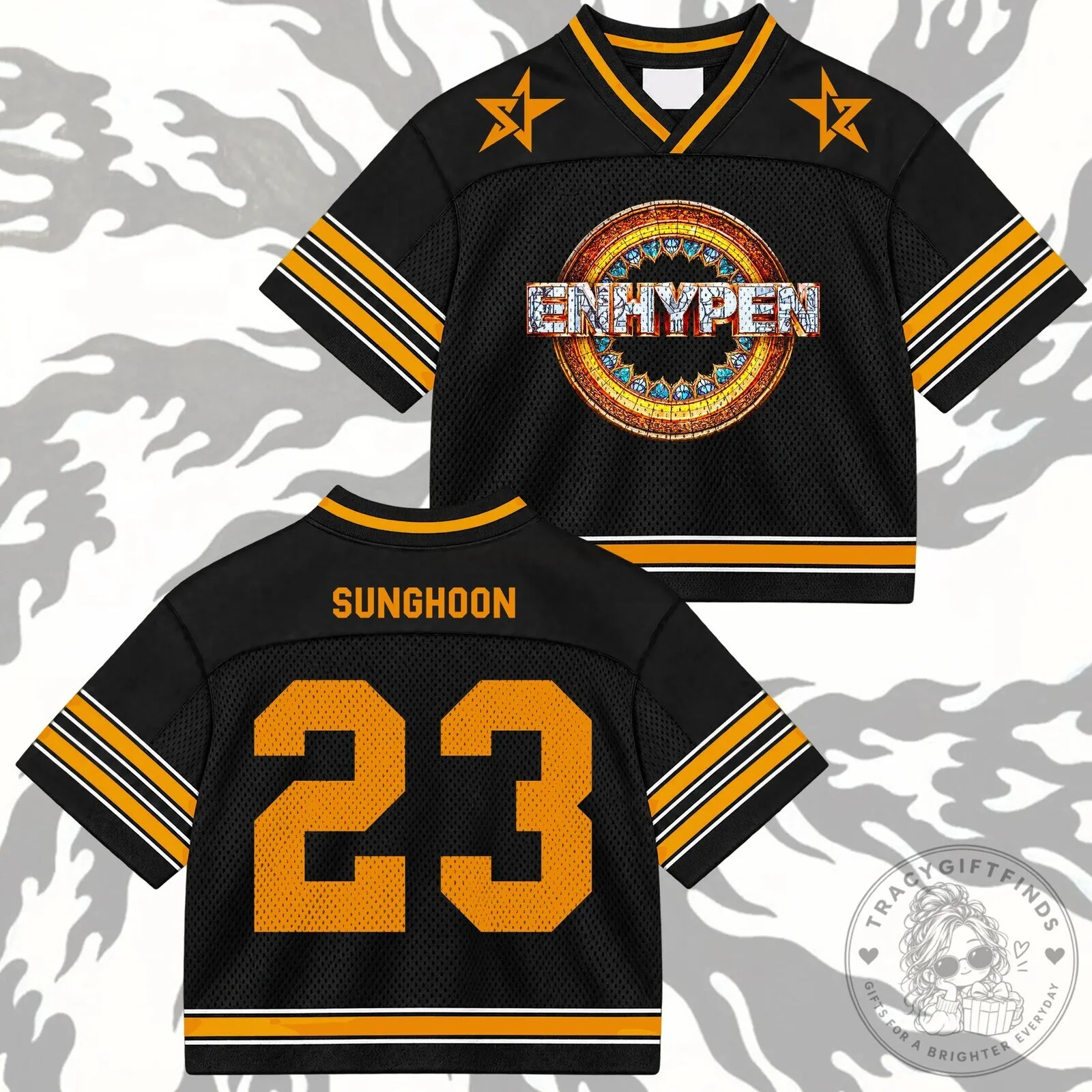 ENHYPEN Comeback Mixed Mesh Black and Gold Football Jersey for Engene Fans 15 ENHYPEN Comeback Mixed Mesh Black and Gold Football Jersey for Engene Fans
