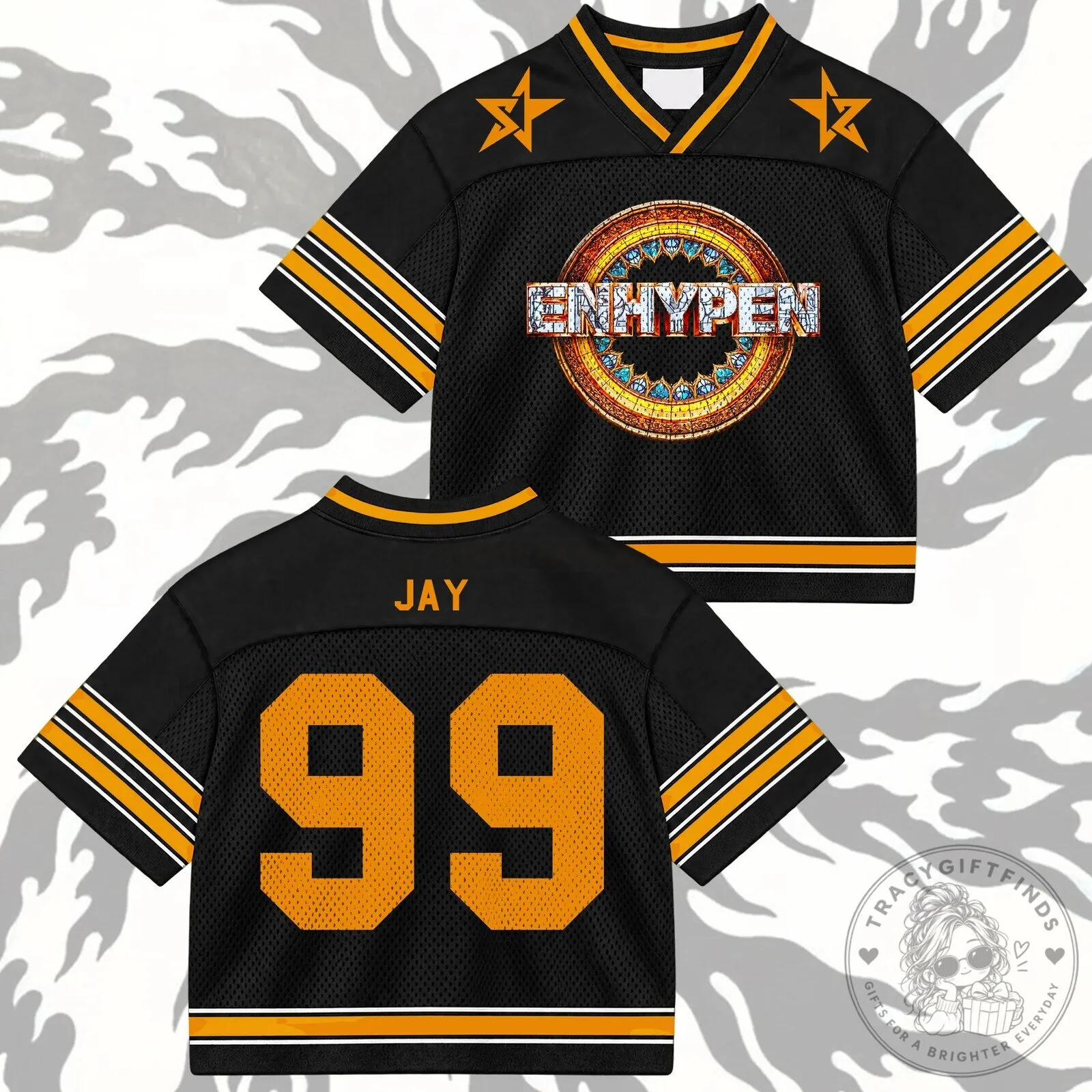 ENHYPEN Comeback Mixed Mesh Black and Gold Football Jersey for Engene Fans 16 ENHYPEN Comeback Mixed Mesh Black and Gold Football Jersey for Engene Fans