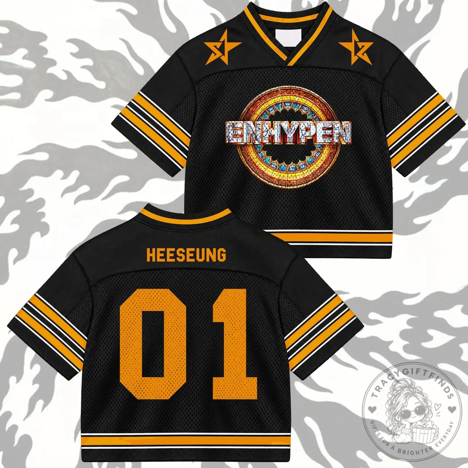 ENHYPEN Comeback Mixed Mesh Black and Gold Football Jersey for Engene Fans 17 ENHYPEN Comeback Mixed Mesh Black and Gold Football Jersey for Engene Fans