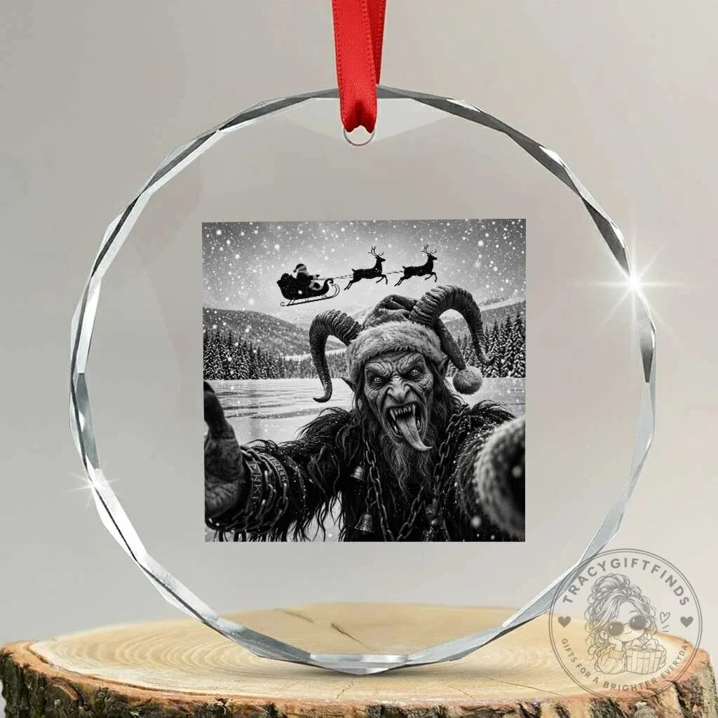 Krampus Photobombing Santa Claus Sleigh Funny Christmas Gothic Crystal Ornament 2 Krampus Photobombing Santa Claus Sleigh Funny Christmas Gothic Crystal Ornament