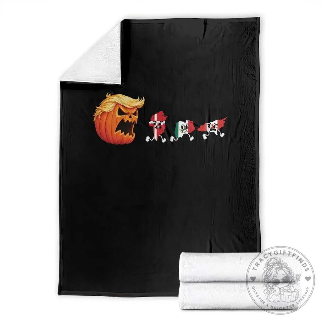 Donald Trump Pumpkin Chasing Mexico Canada Greenland Map Flags Halloween Blanket 2 Donald Trump Pumpkin Chasing Mexico Canada Greenland Map Flags Halloween Blanket